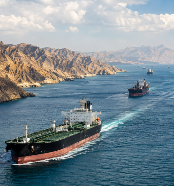 Kapal tanker melintasi Selat Hormuz di antara pegunungan pesisir