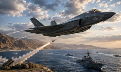Jet tempur F-35 Amerika Serikat terbang di atas Selat Hormuz dalam ilustrasi ketegangan militer dengan Iran