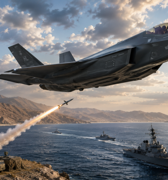 Jet tempur F-35 Amerika Serikat terbang di atas Selat Hormuz dalam ilustrasi ketegangan militer dengan Iran
