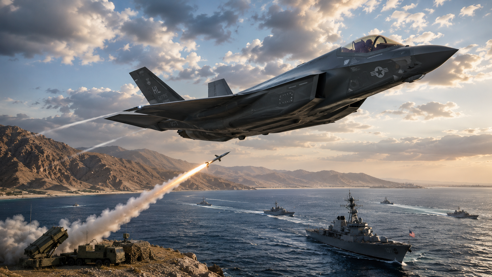 Jet tempur F-35 Amerika Serikat terbang di atas Selat Hormuz dalam ilustrasi ketegangan militer dengan Iran
