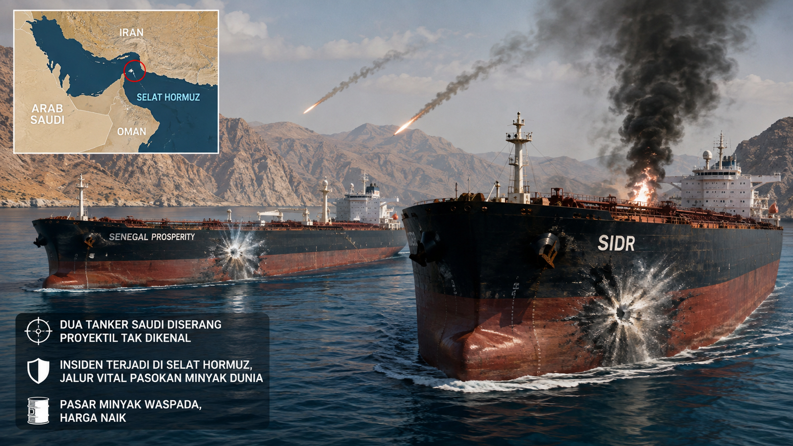 Dua kapal tanker minyak Saudi diserang proyektil tak dikenal di Selat Hormuz