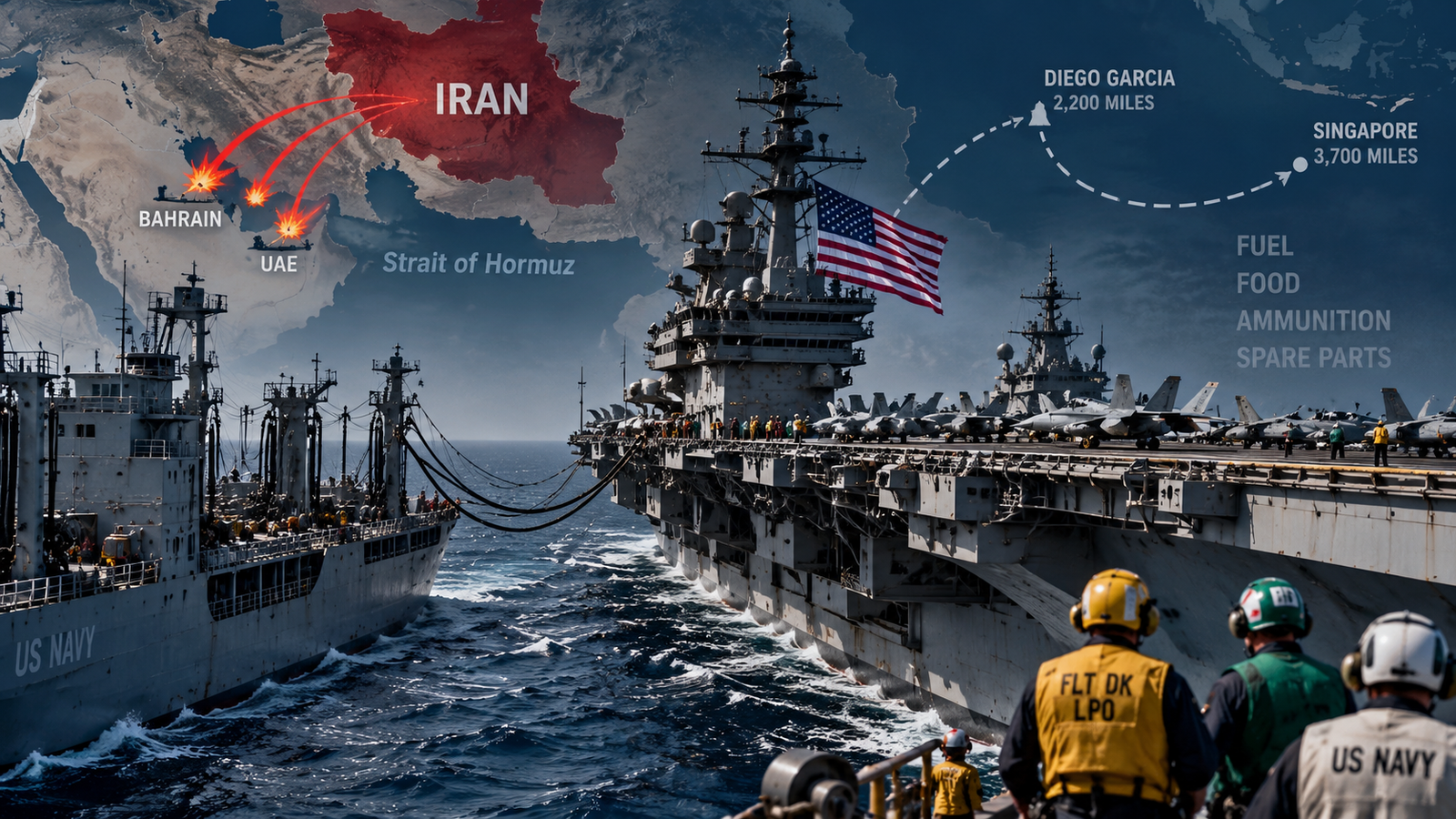 Kapal induk dan armada Angkatan Laut AS menghadapi tekanan logistik akibat perang berkepanjangan dengan Iran.