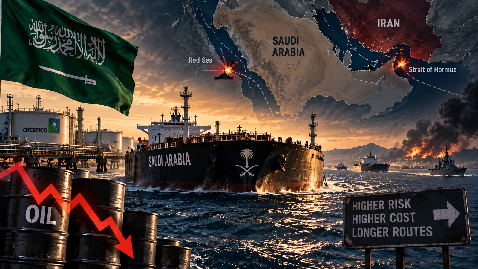 Kapal tanker minyak Saudi menghadapi gangguan jalur ekspor akibat perang Iran di Selat Hormuz dan Laut Merah.