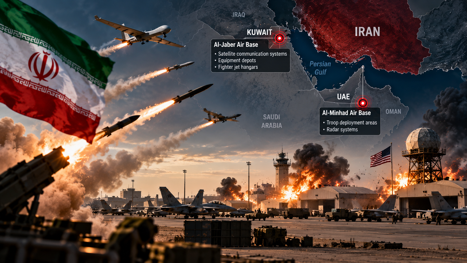 Serangan rudal dan drone Iran menargetkan fasilitas militer AS di Kuwait dan Uni Emirat Arab.